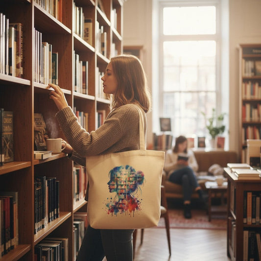 Woman in a bookstore with a tote bag featuring a colorful design, a perfect addition to book merchandise