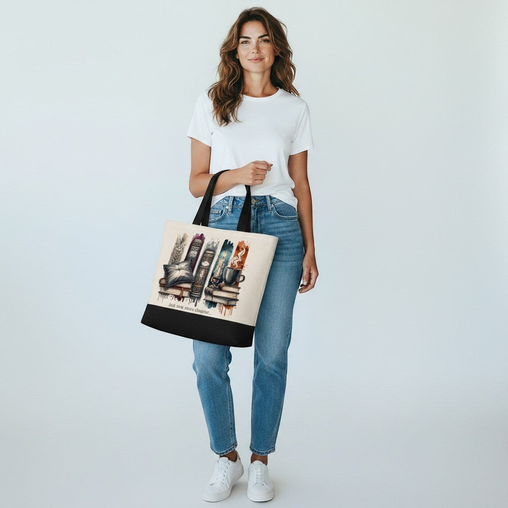 women holding a tote bag with a book theme on it, a great practical book merch addition