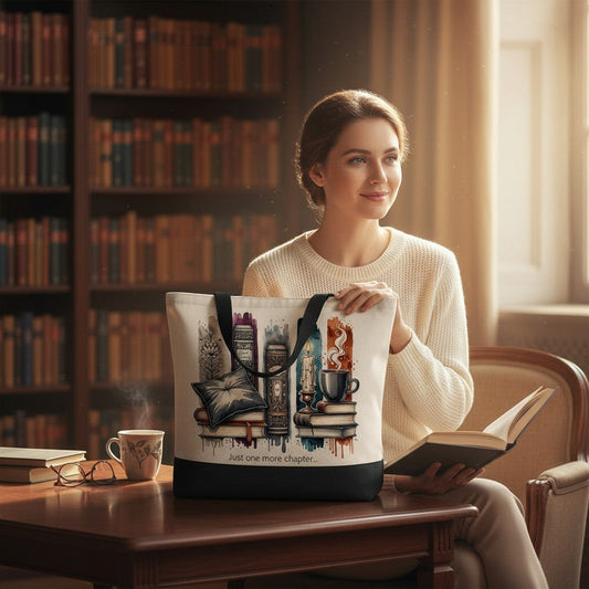 Woman holding a tote bag with book-themed design in a library setting, a perfect addition to your book merchandise.