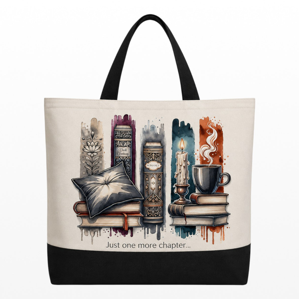 One more chapter tote bag with black handle and base, a great and practical addition to your book merch.