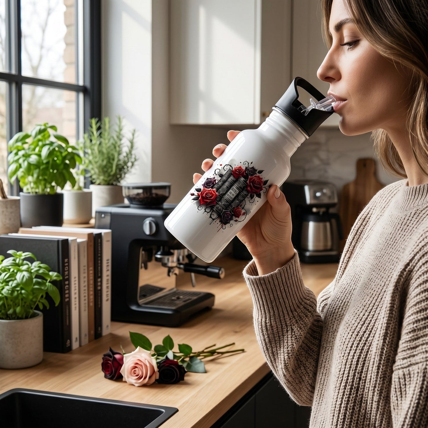Bookish gift of a white aluminium water bottle with book and rose design held by a woman in a kitchen