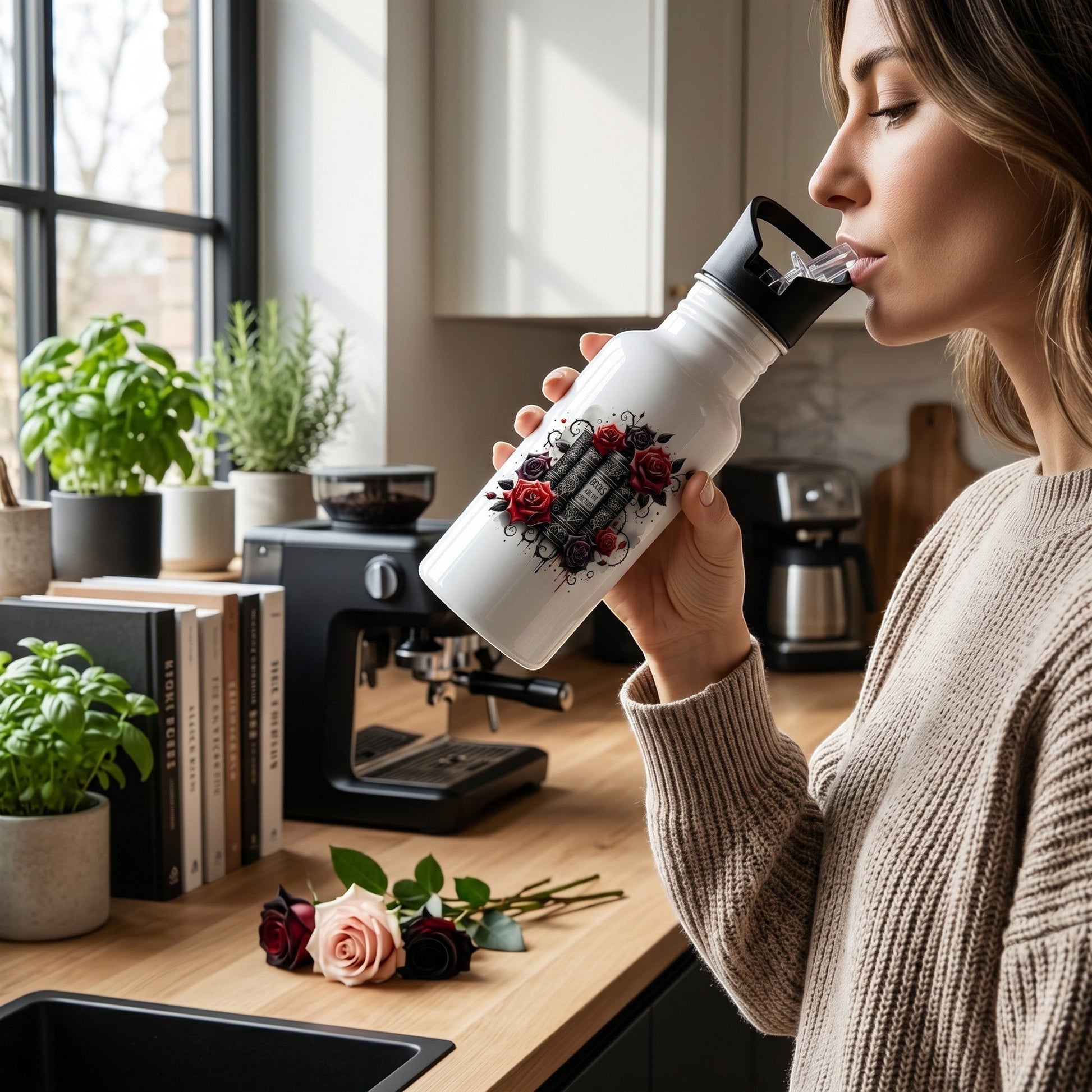 Bookish gift of a white aluminium water bottle with book and rose design held by a woman in a kitchen