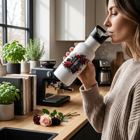Bookish gift of a white aluminium water bottle with book and rose design held by a woman in a kitchen