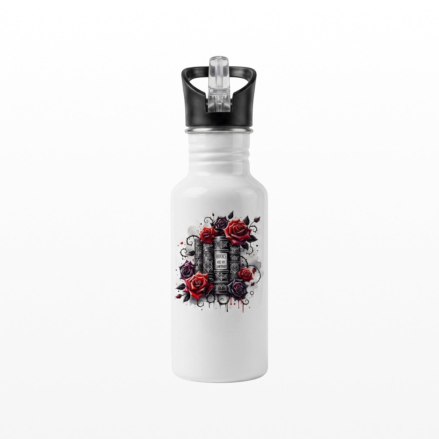 Bookish gift of a white aluminium water bottle featuring a stack of books and red roses graphic design.