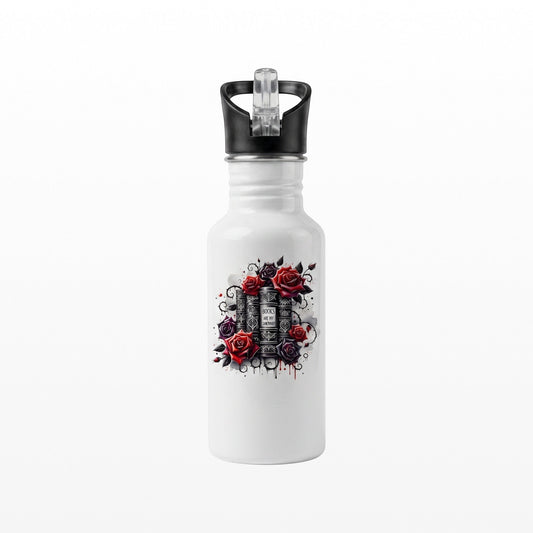 Bookish gift of a white aluminium water bottle featuring a stack of books and red roses graphic design.