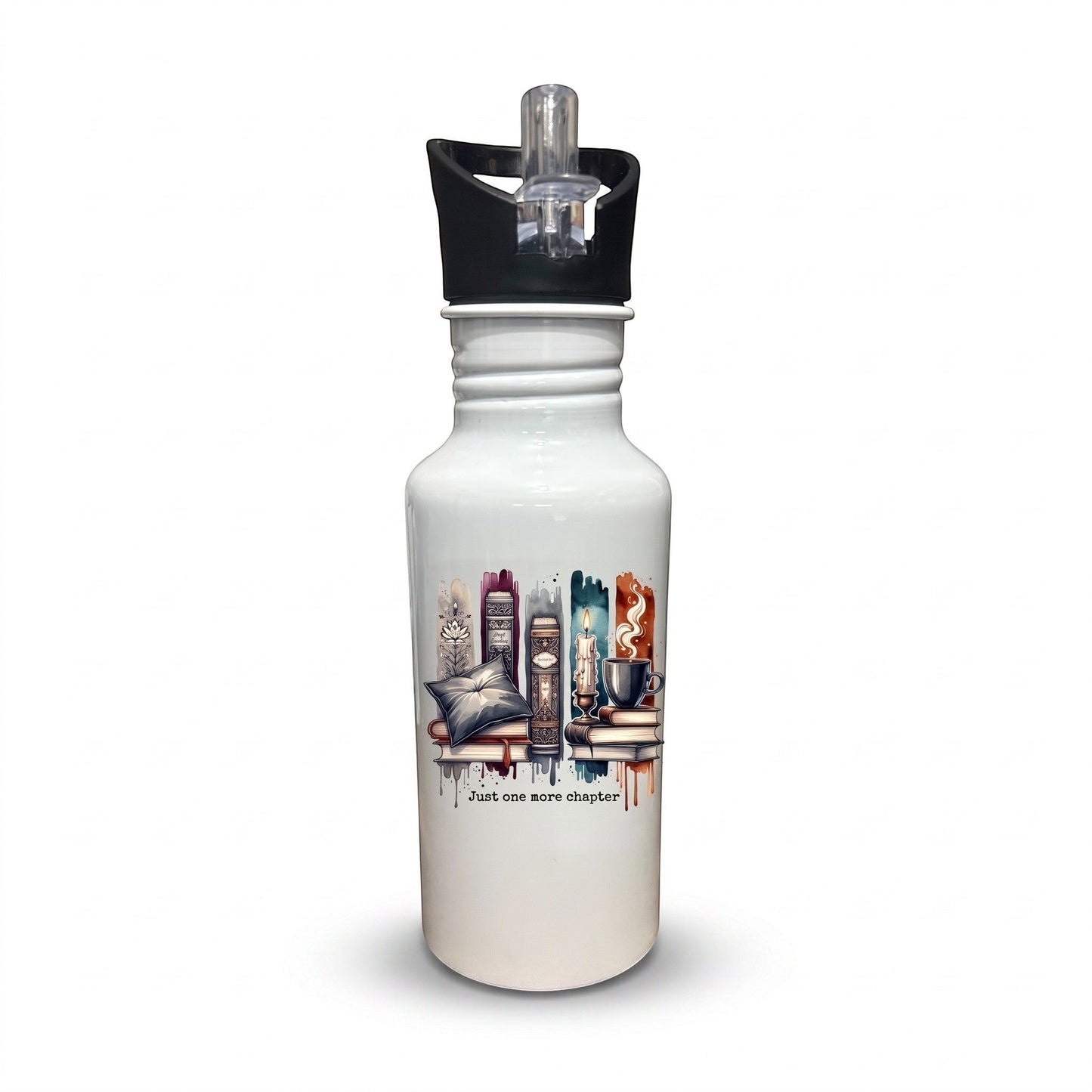 white aluminium water bottle with book lover graphic and Just One More Chapter text. Great alternative merch for book lovers. 