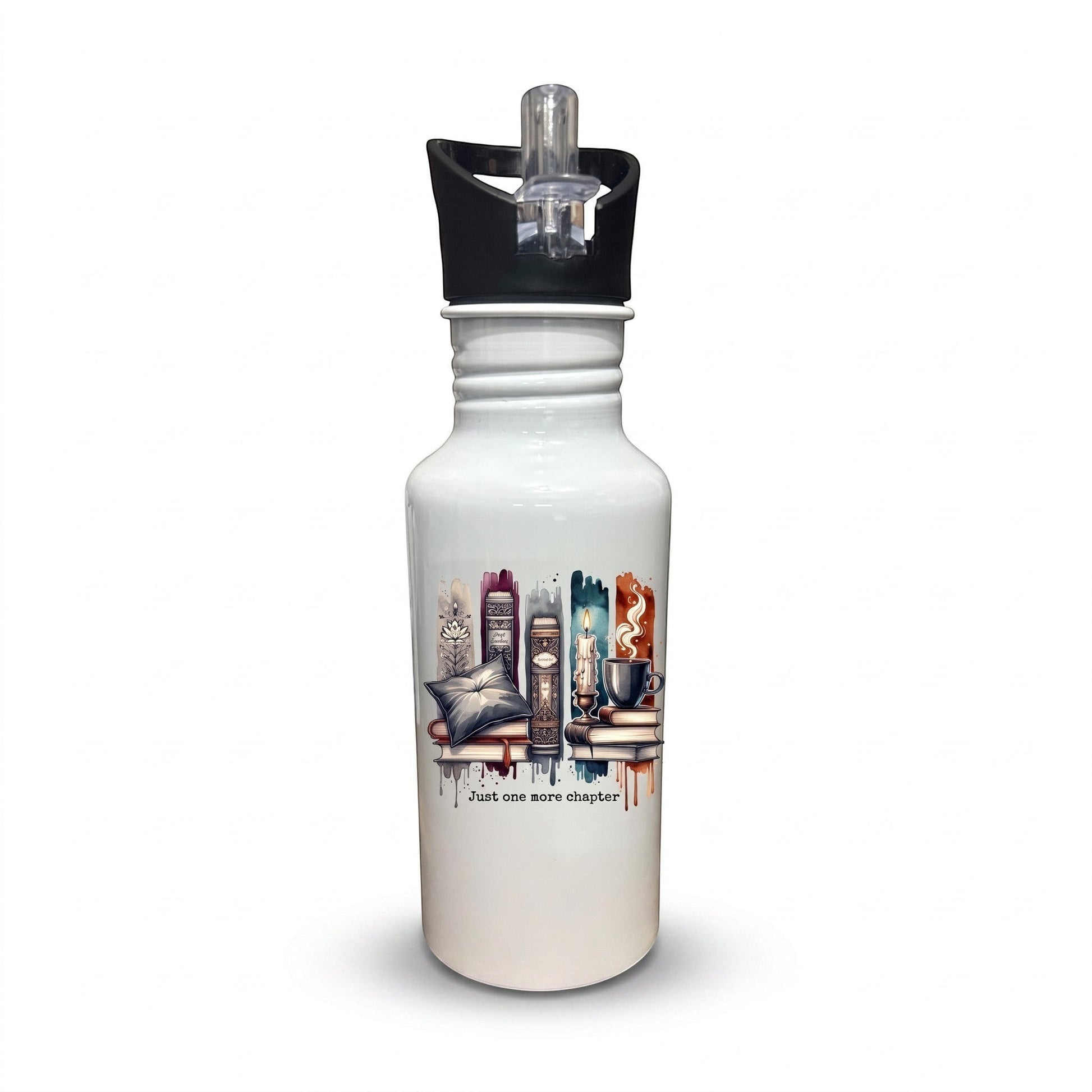 white aluminium water bottle with book lover graphic and Just One More Chapter text. Great alternative merch for book lovers. 