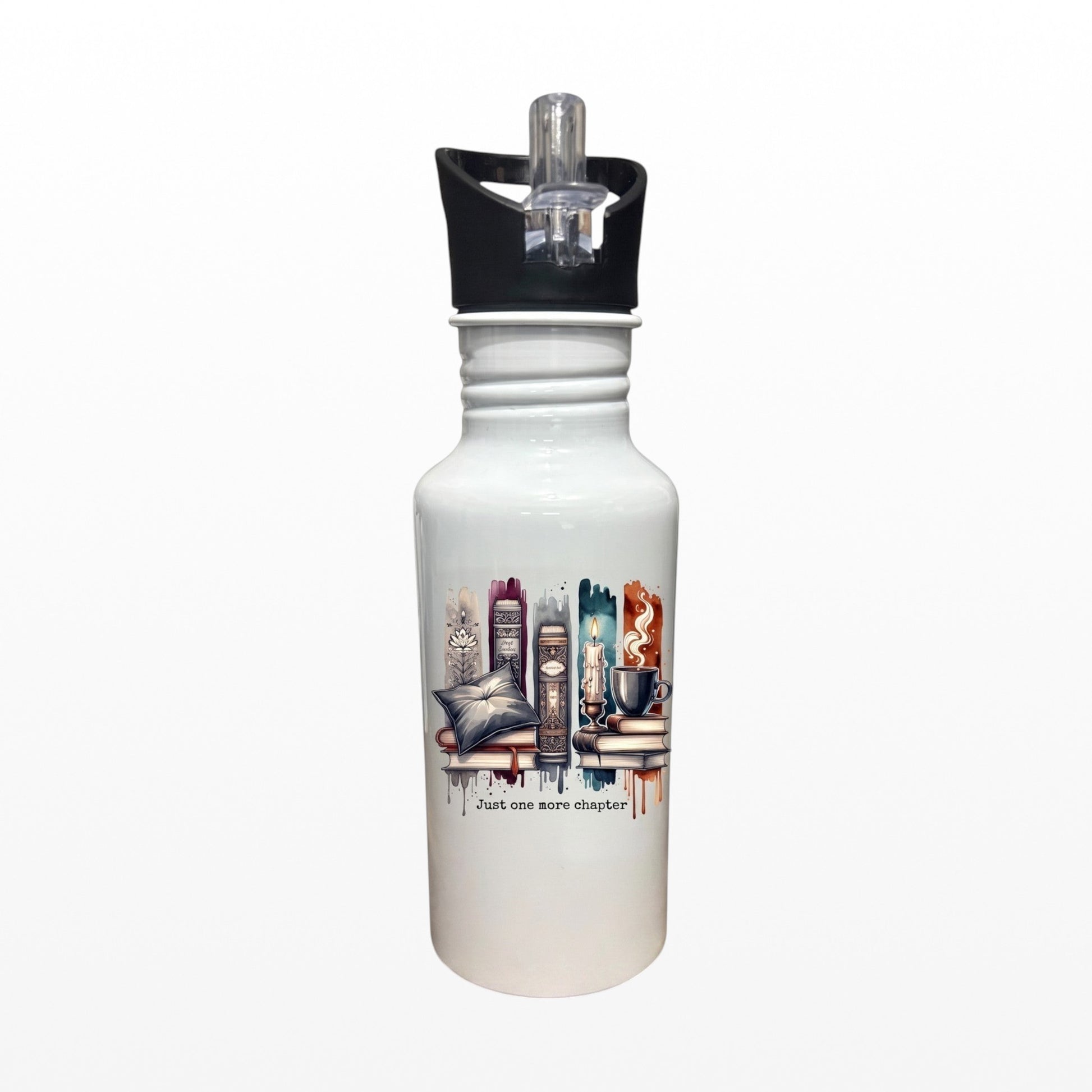 A practical literary gift of a 600ml white aluminium water bottle with book lover graphic and Just One More Chapter text.