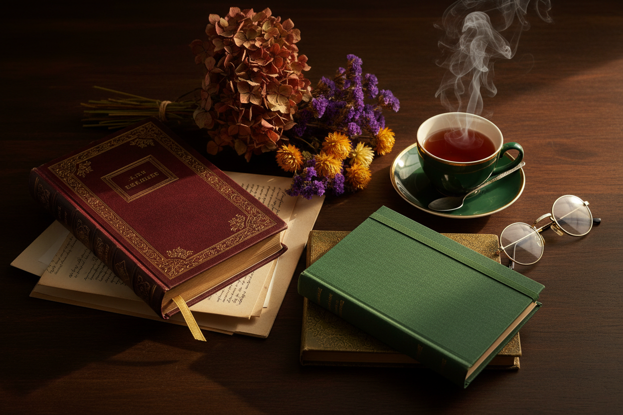 books and spectacles on a table. Book lovers collection bundle image. 