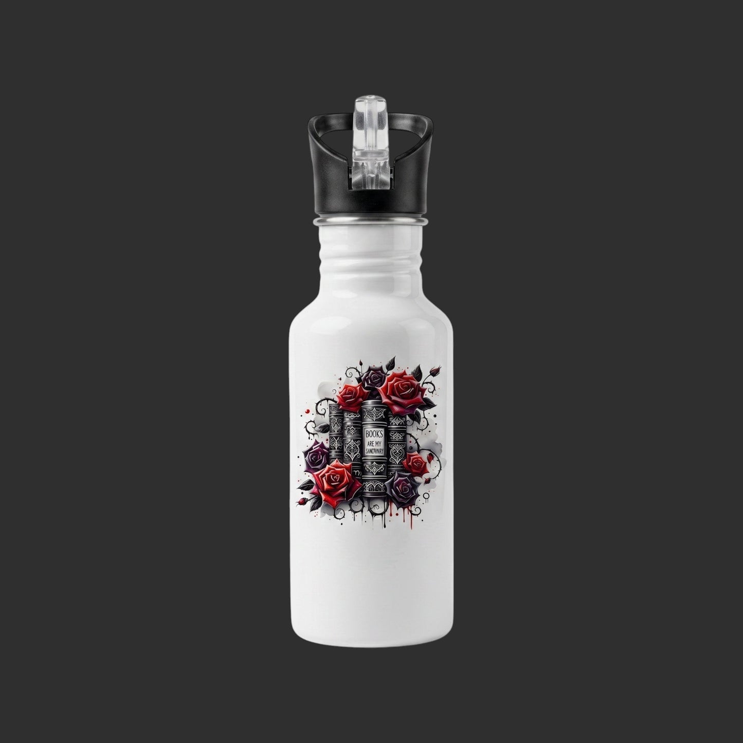 Alternative bookish gift of a 600ml white aluminium water bottle with book and red rose graphic for book lovers.