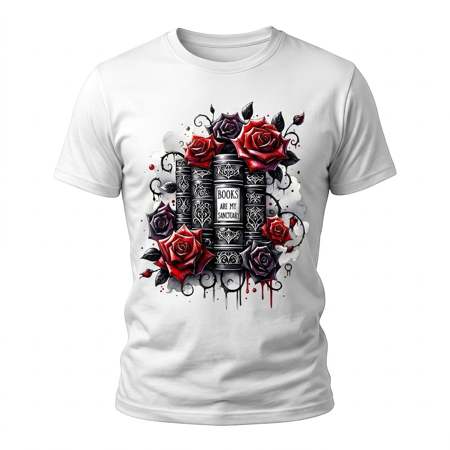 White t-shirt with book and rose design on a white background