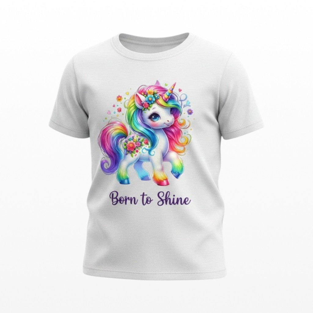 White t-shirt with a colorful unicorn design and 'Born to Shine' text on a white background