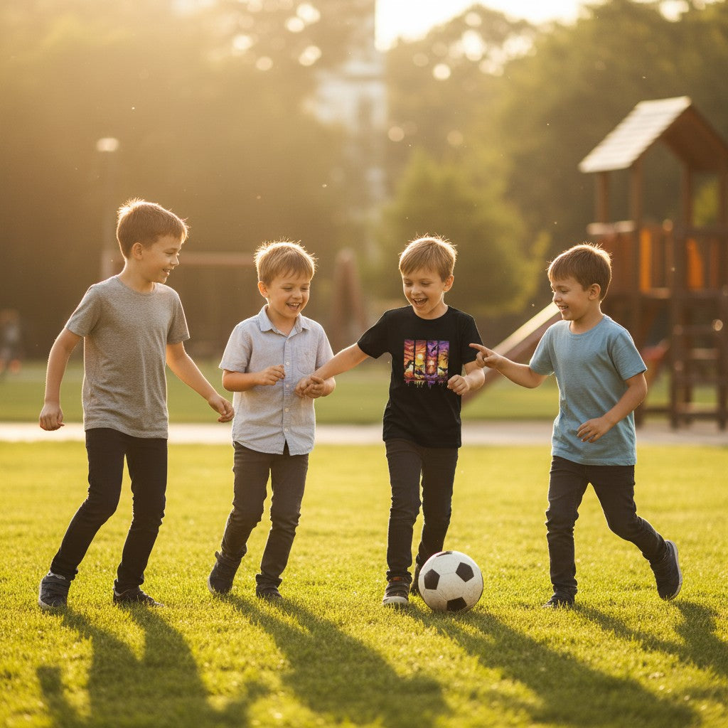 Four children playing soccer on a grassy field with a playground in the background.