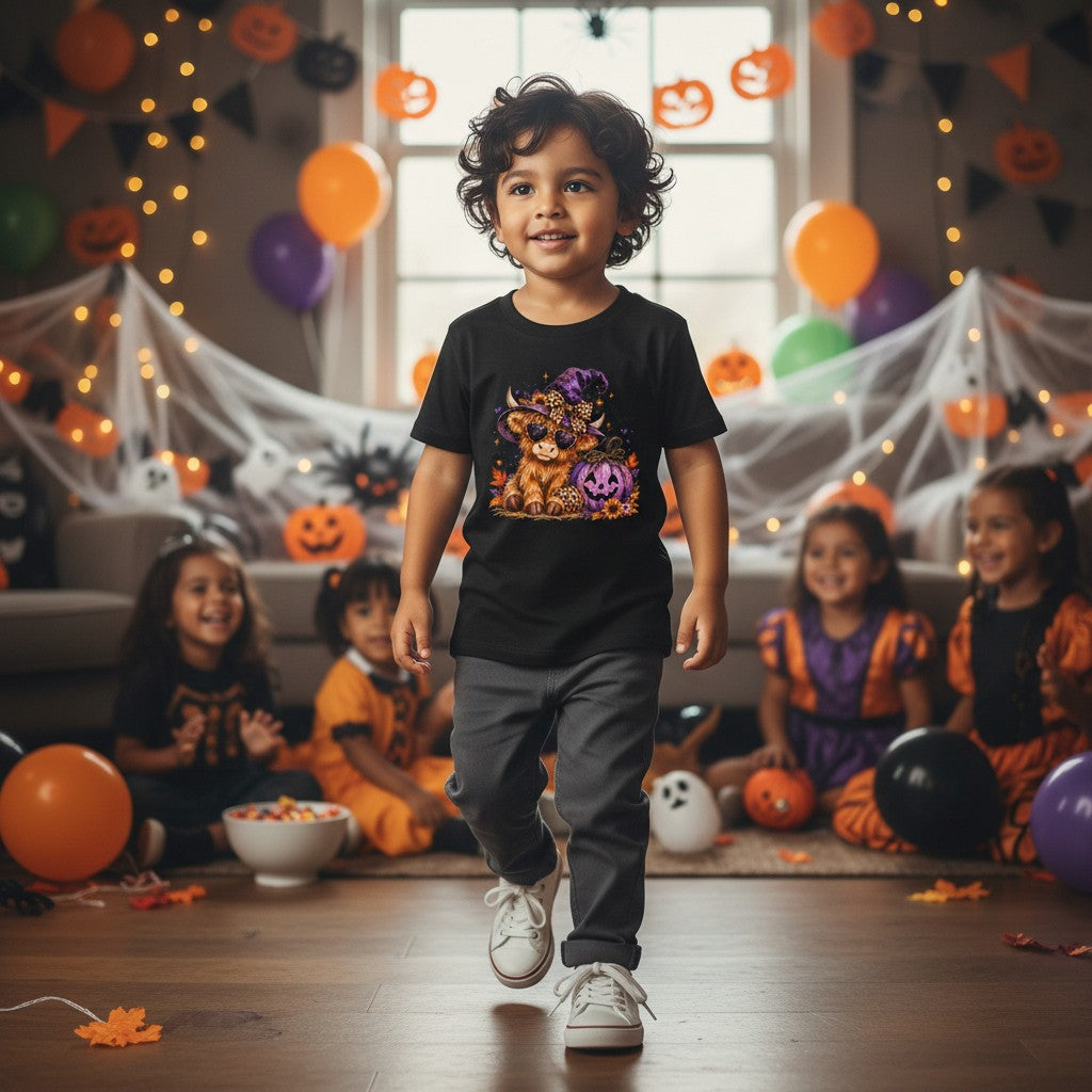 A boy wearing a black halloween t-shirt with a highland cow and pumpkin