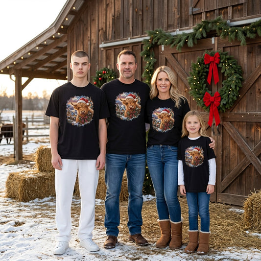 A family of four stands in front of a rustic wooden barn with holiday wreaths and snow on the ground, wearing matching black graphic T-shirts featuring a Highland cow wearing a Santa hat.