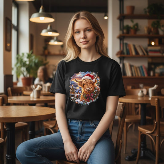 A woman sitting in a cozy cafe setting wearing a black graphic t-shirt with a colorful illustration of a cow in a Santa hat, paired with blue jeans.