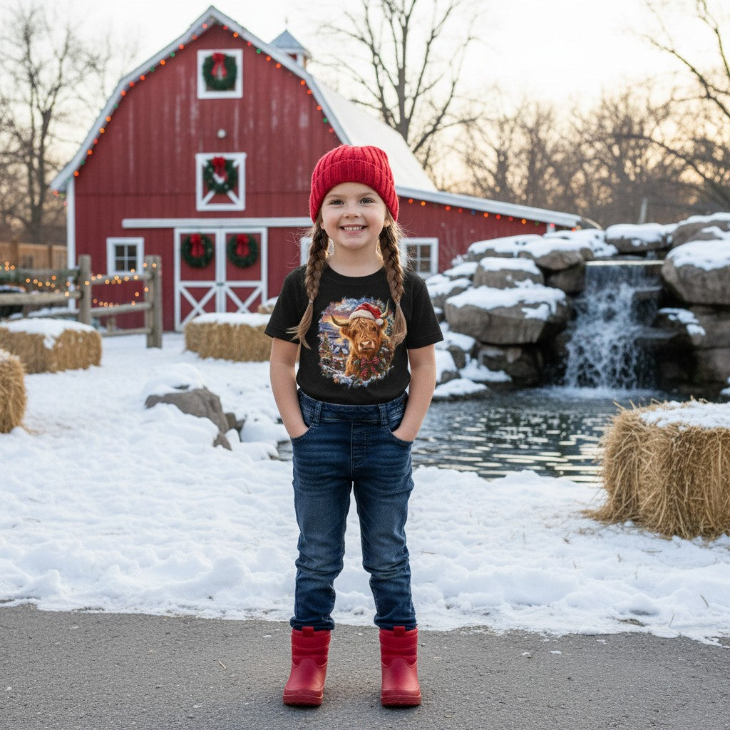A young girl stands outdoors in front of a red barn and snowy landscape, wearing a red knit beanie, a black graphic T-shirt of a Highland cow wearing a Santa hat, child wearing blue jeans, and red boots.