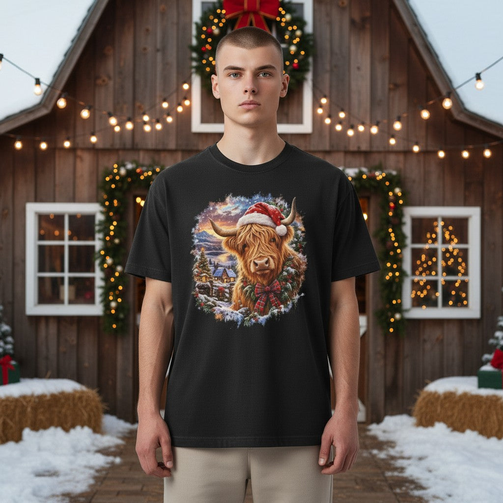 A man wearing a black graphic t-shirt with a colorful print of a Highland cow in a Santa hat, standing in front of a rustic wooden cabin decorated for Christmas with snow on the ground.