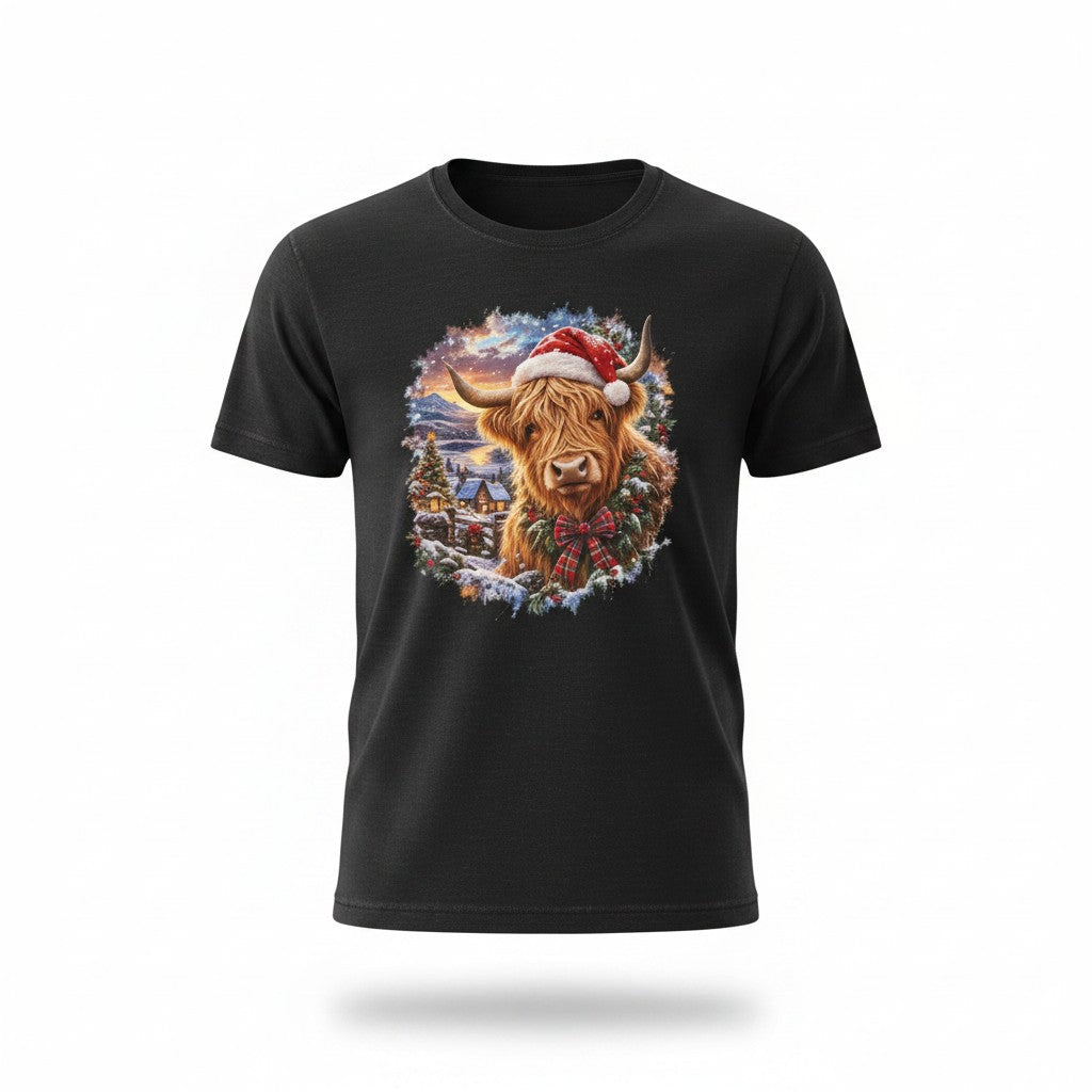 A black short-sleeve crewneck t-shirt featuring a large graphic print of a Highland cow wearing a Santa hat, set against a snowy village scene.