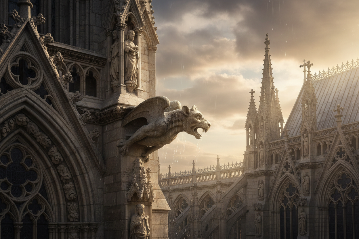 Gothic cathedral architecture with stone gargoyles, pointed arches, and spires under a dramatic cloudy sky with rain and golden light.