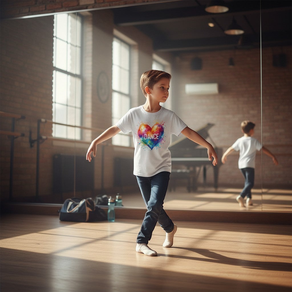 Child dancing in a studio with a colorful 'DANCE' shirt