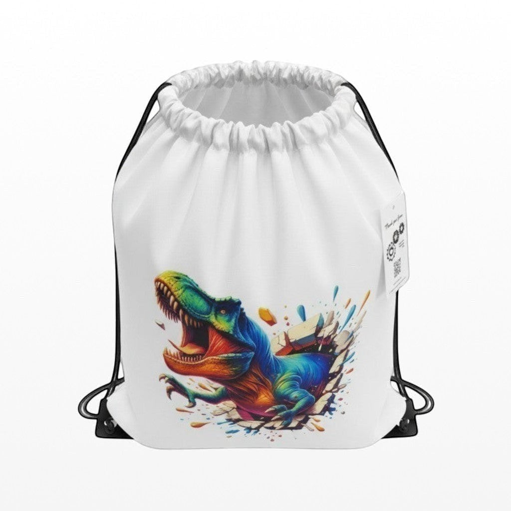Drawstring bag with a colorful dinosaur design on a white background