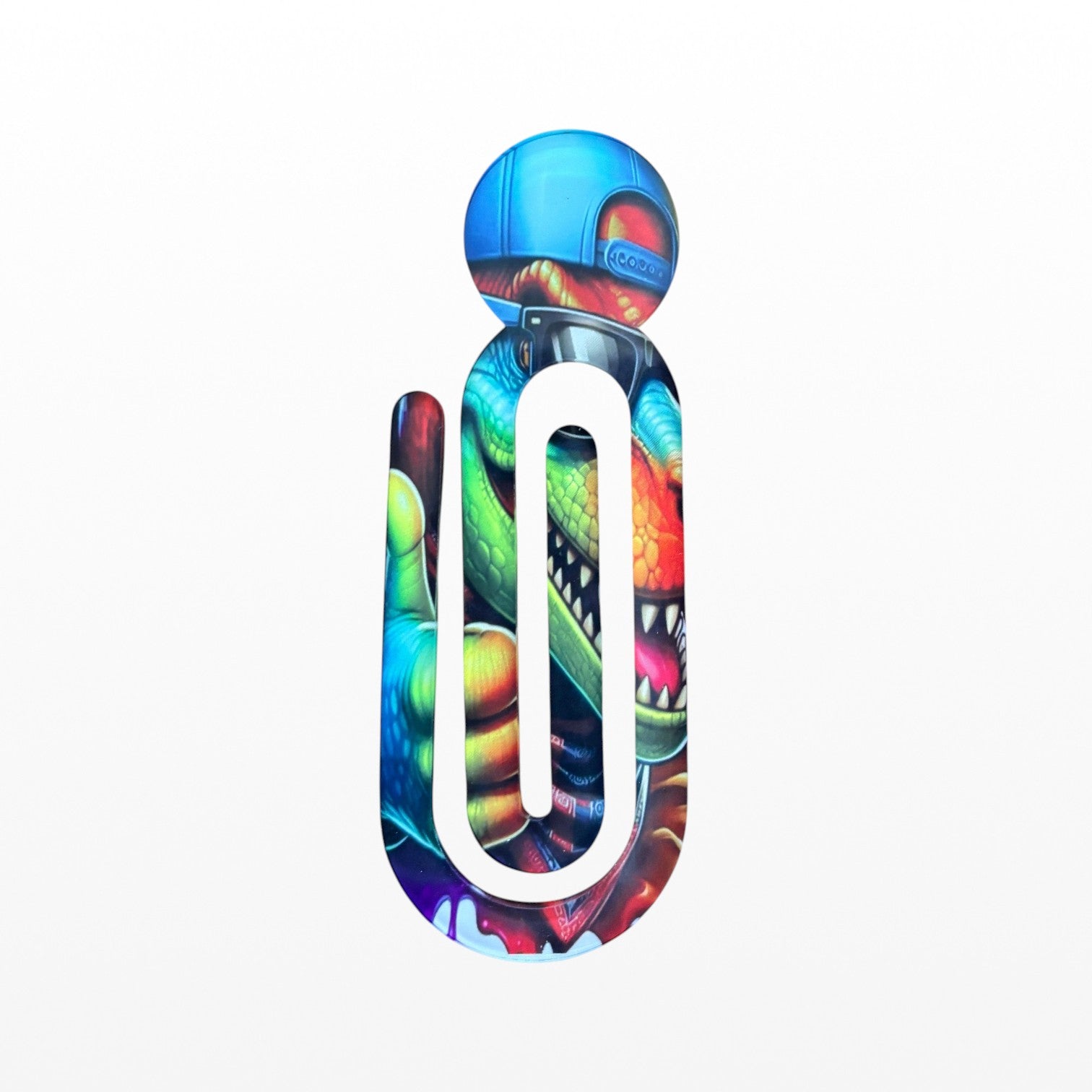 Colourful bookclip with a unique design of a dinosaur on a white background