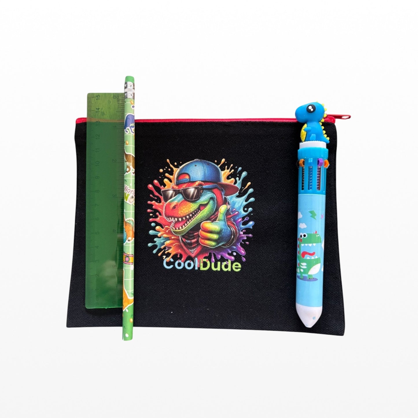 Black pouch with 'Cool Dude' design, green pencil, and blue pen on a white background