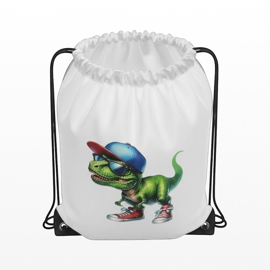 White drawstring bag with a dinosaur wearing sunglasses and sneakers design on a white background