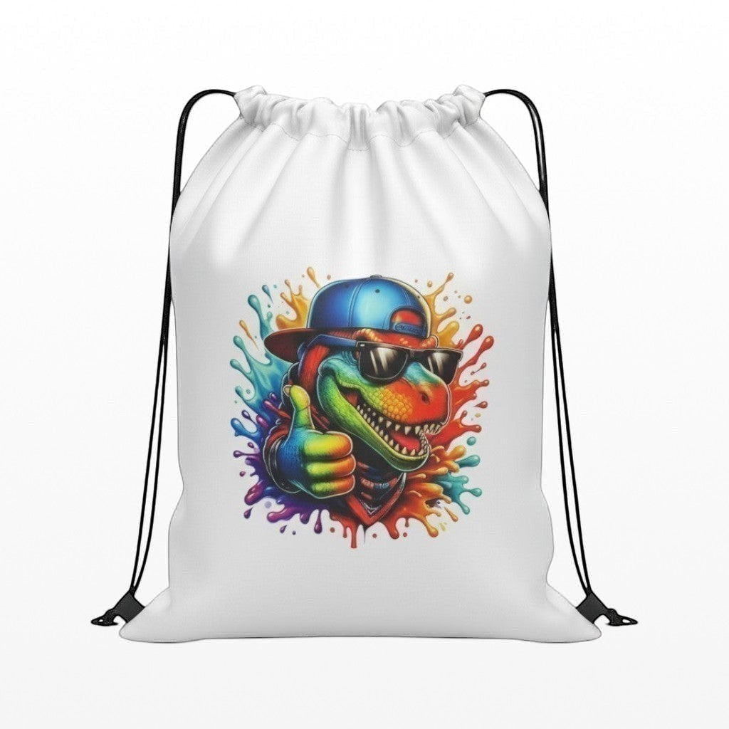 White drawstring bag with a colorful dinosaur graphic wearing sunglasses and a cap on a white background.