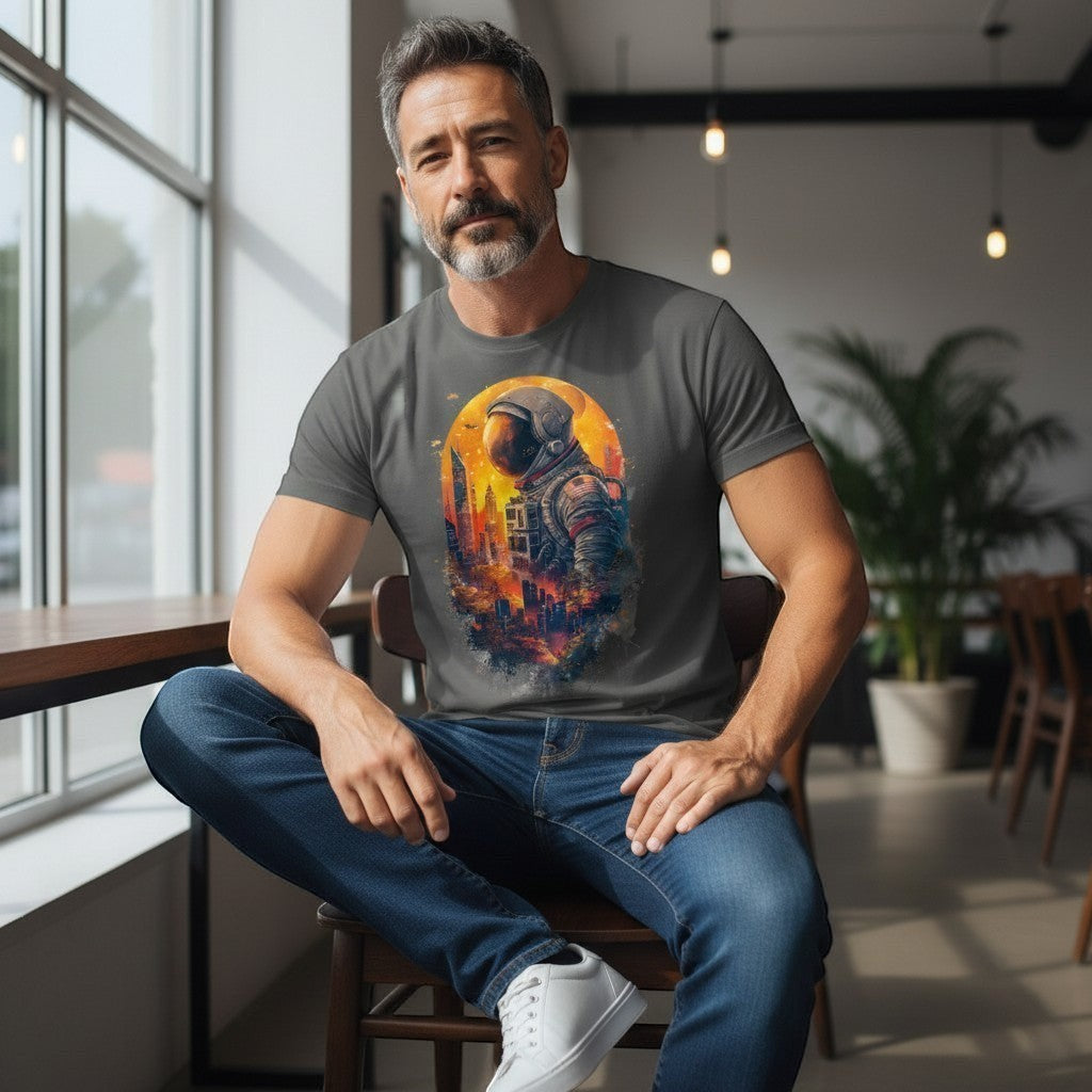 Man wearing a t-shirt with a colorful graphic design sitting in a modern indoor setting.