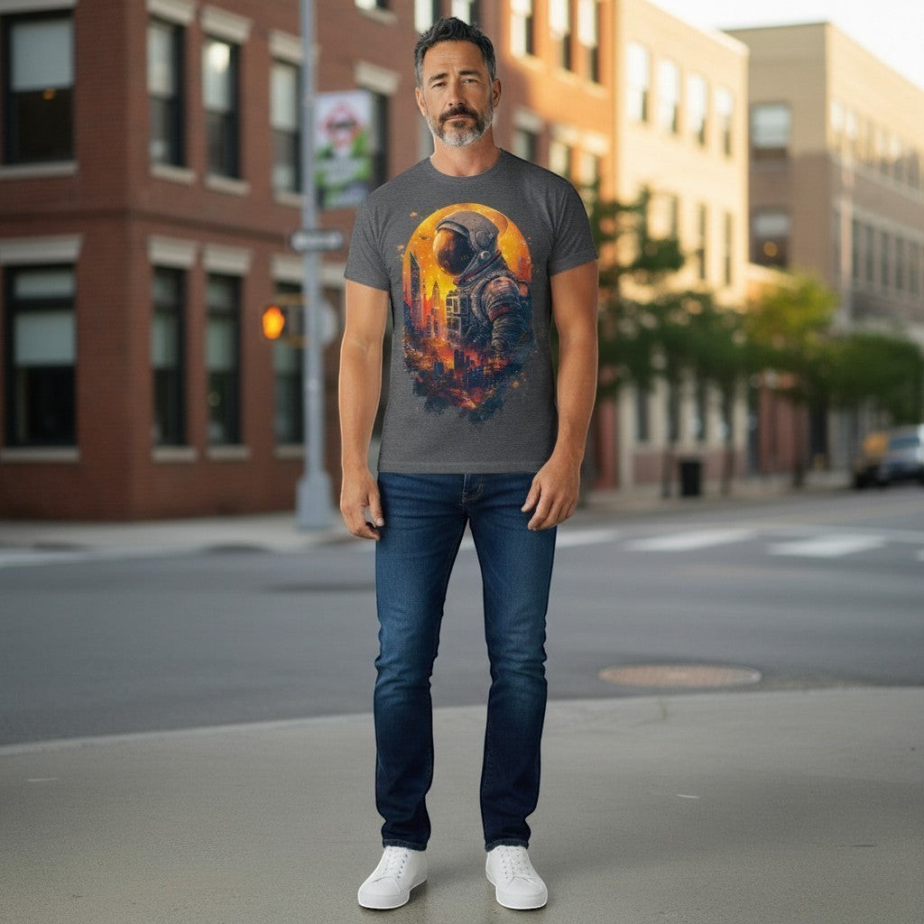 Man wearing a graphic t-shirt with an astronaut design on a city street.