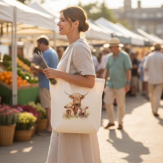 Woman holding a tote bag with a cow design at an outdoor market.