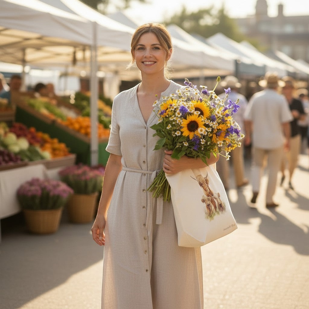 Woman holding flowers and a tote bag at an outdoor market
