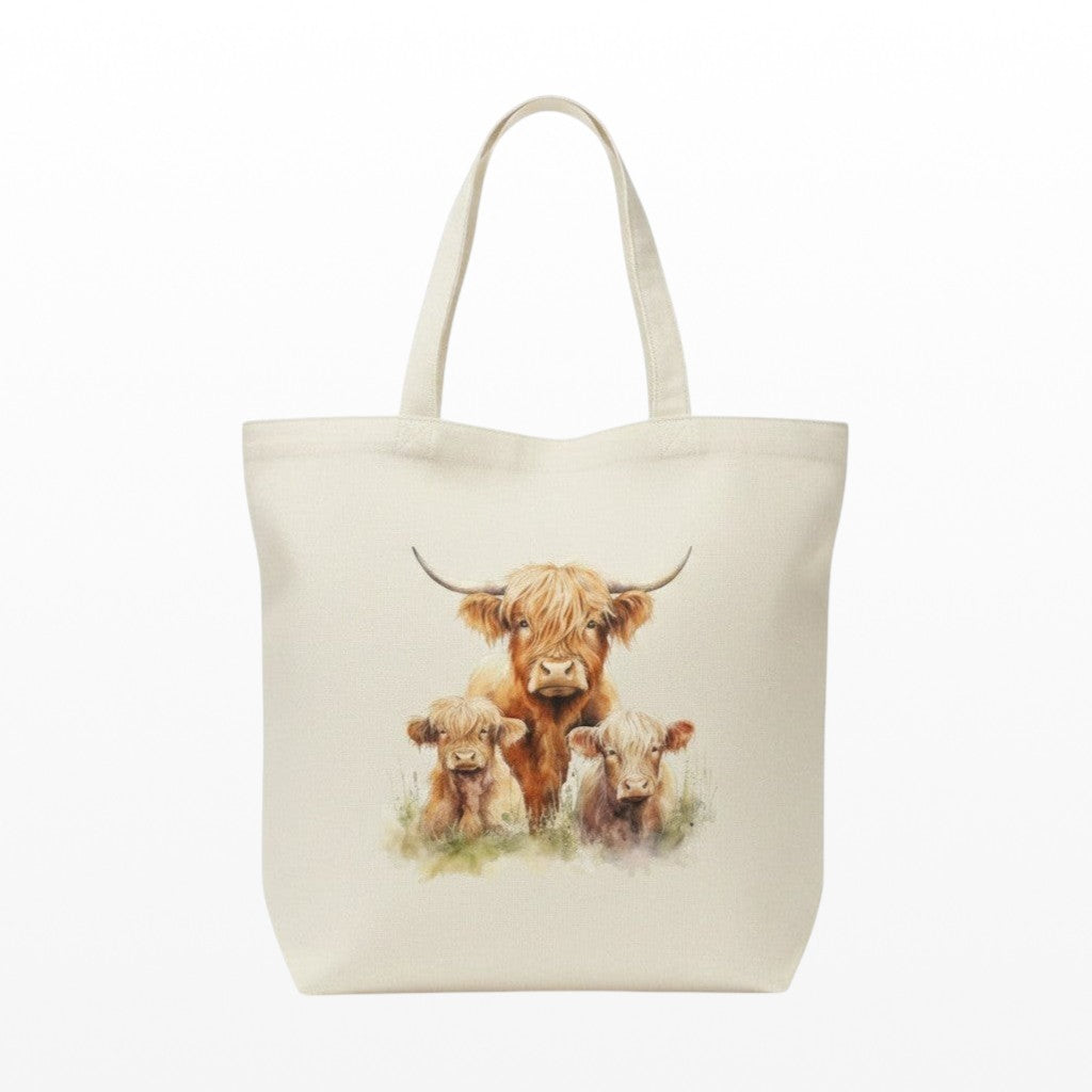 Highland Cow with calfs on a large tote bag