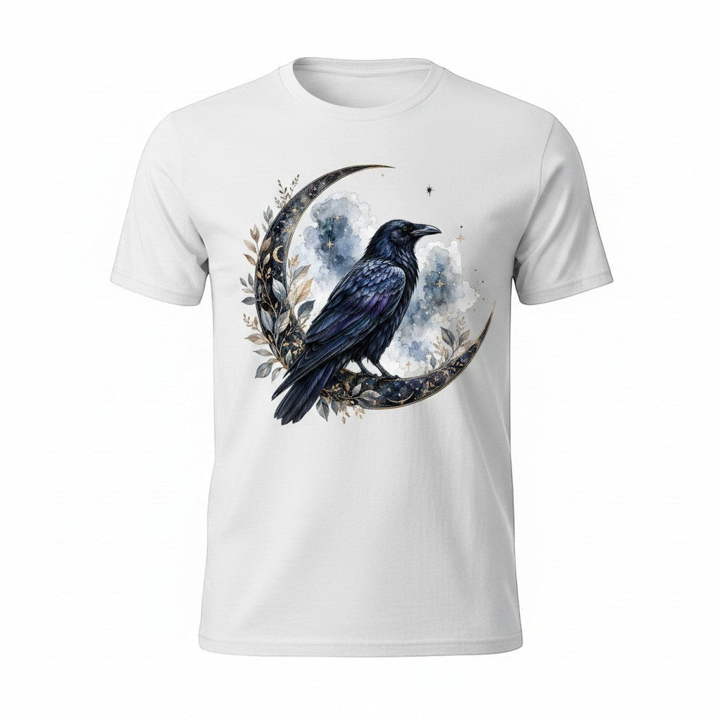 White t-shirt with a black crow and moon design on a white background