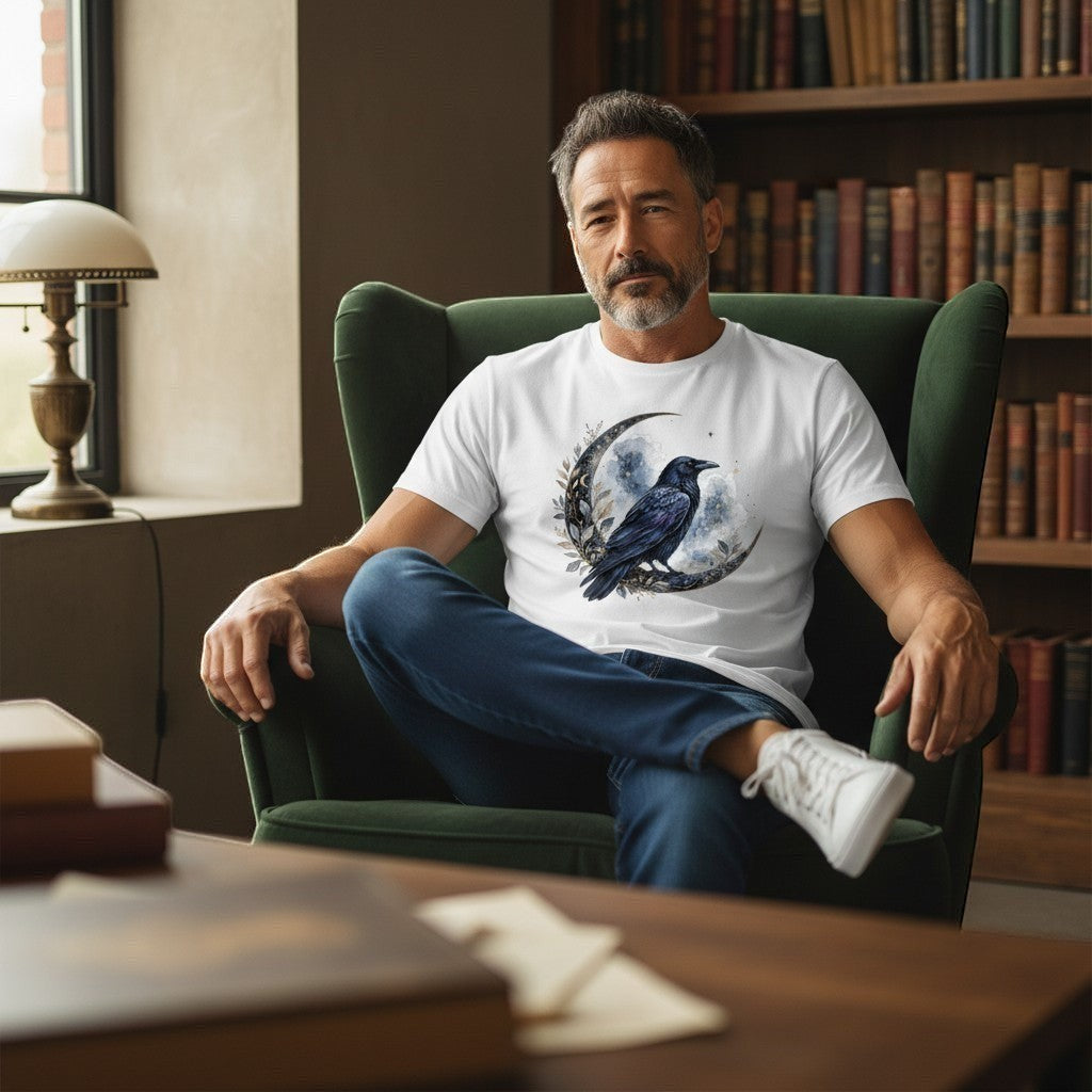 Man sitting in a chair wearing a white t-shirt with a bird design, in a room with bookshelves.
