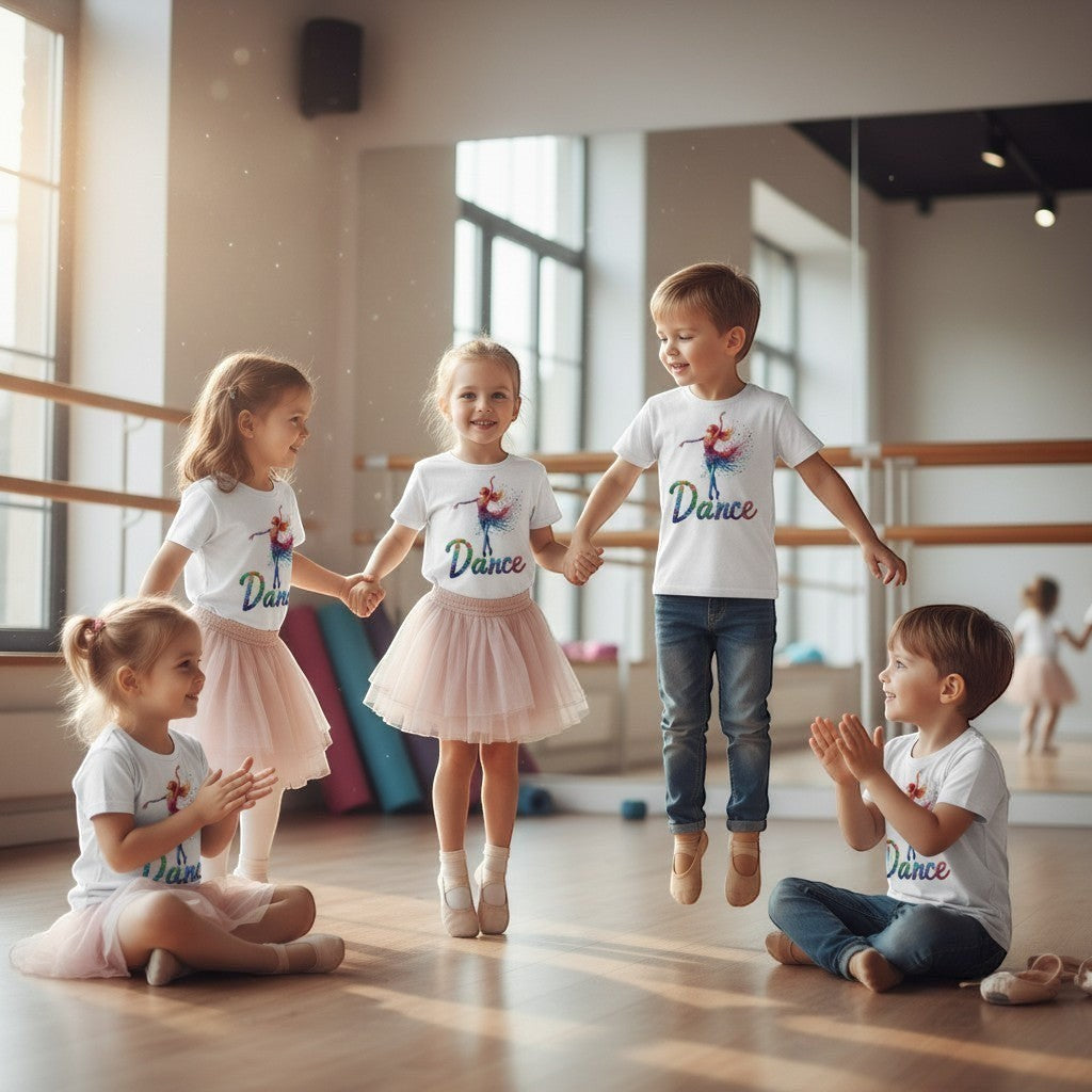 Children in a dance studio wearing 'Dance' t-shirts.