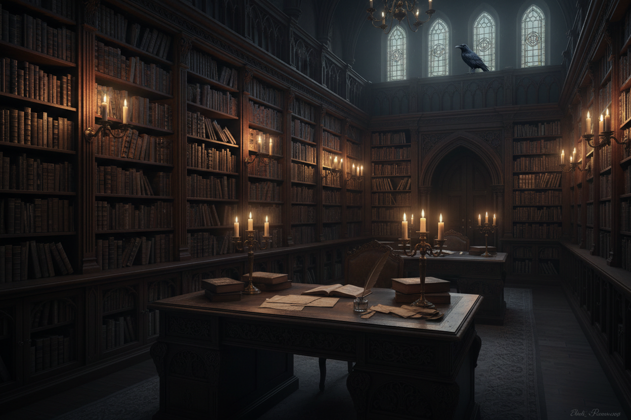 A dark, atmospheric library interior with tall wooden bookshelves lining the walls, glowing candlesticks on tables, open books, and a raven perched near the arched windows at the back.