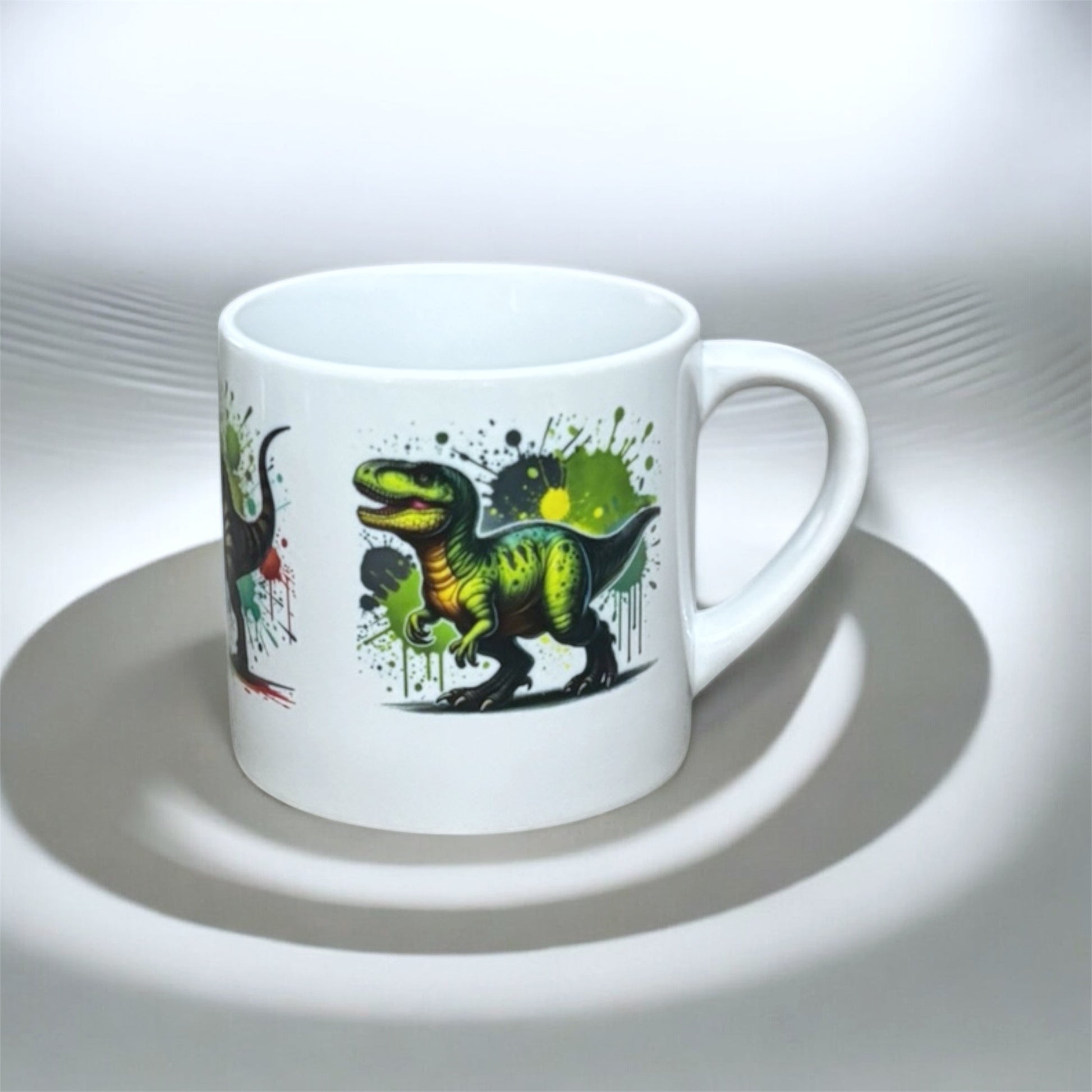 dino green raptor front image on 6 oz ceramic mug hand printed UK