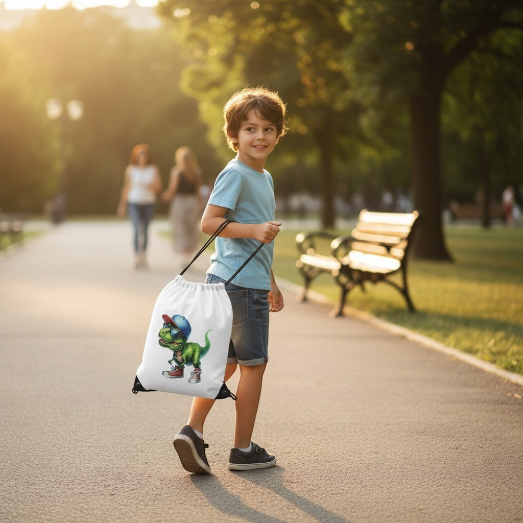 Child holding a drawstring bag with a cartoon character in a park