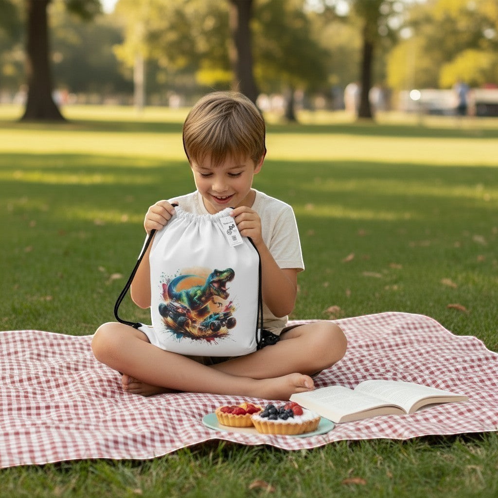 Illustrated Solutions Store white drawstring bag with a T-Rex dinosaur on monster trucks design, for kids.