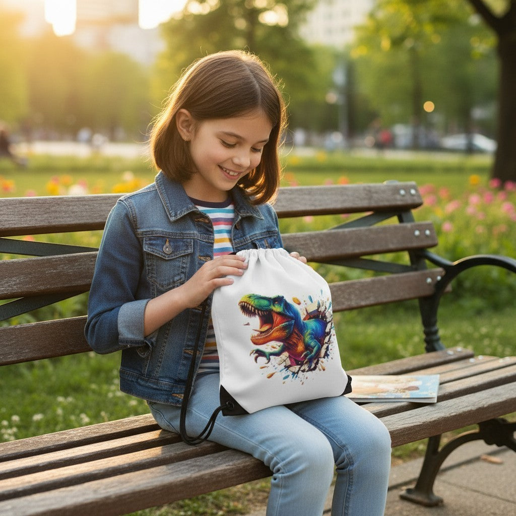 Illustrated Solutions Store white drawstring bag with a colorful T-Rex dinosaur graphic, perfect for kids.