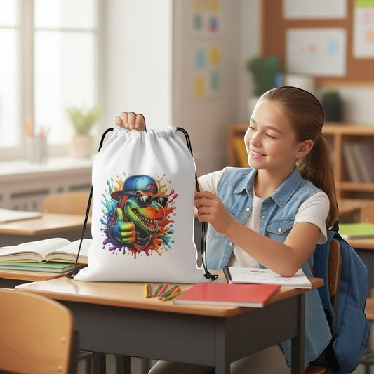Illustrated Solutions Store white drawstring bag with a cool dinosaur graphic wearing sunglasses and a baseball cap, giving a thumbs up.