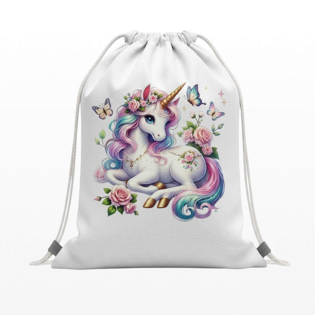 Drawstring bag with a colourful unicorn design on a white background