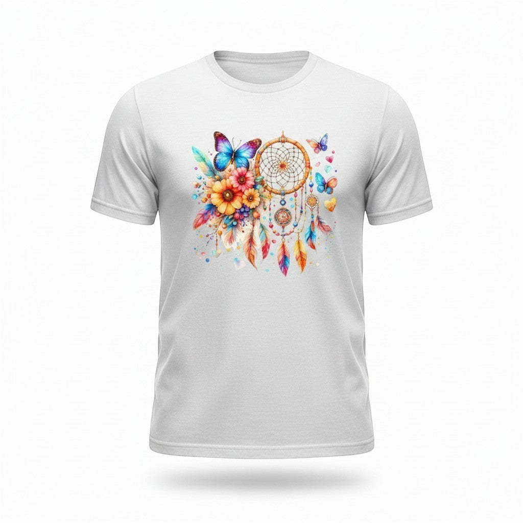 White t-shirt with a colorful dreamcatcher design on a white background