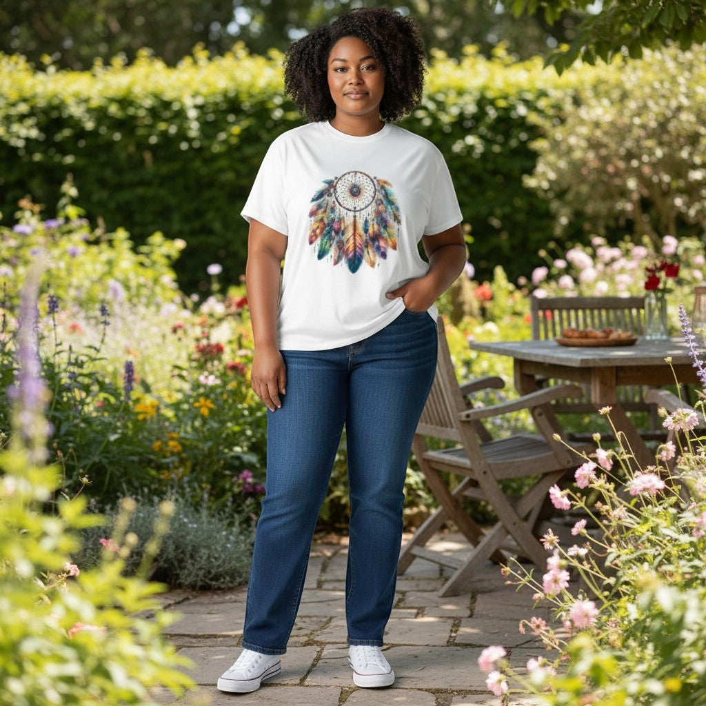 Woman wearing a white t-shirt with a colorful dreamcatcher design in a garden setting.