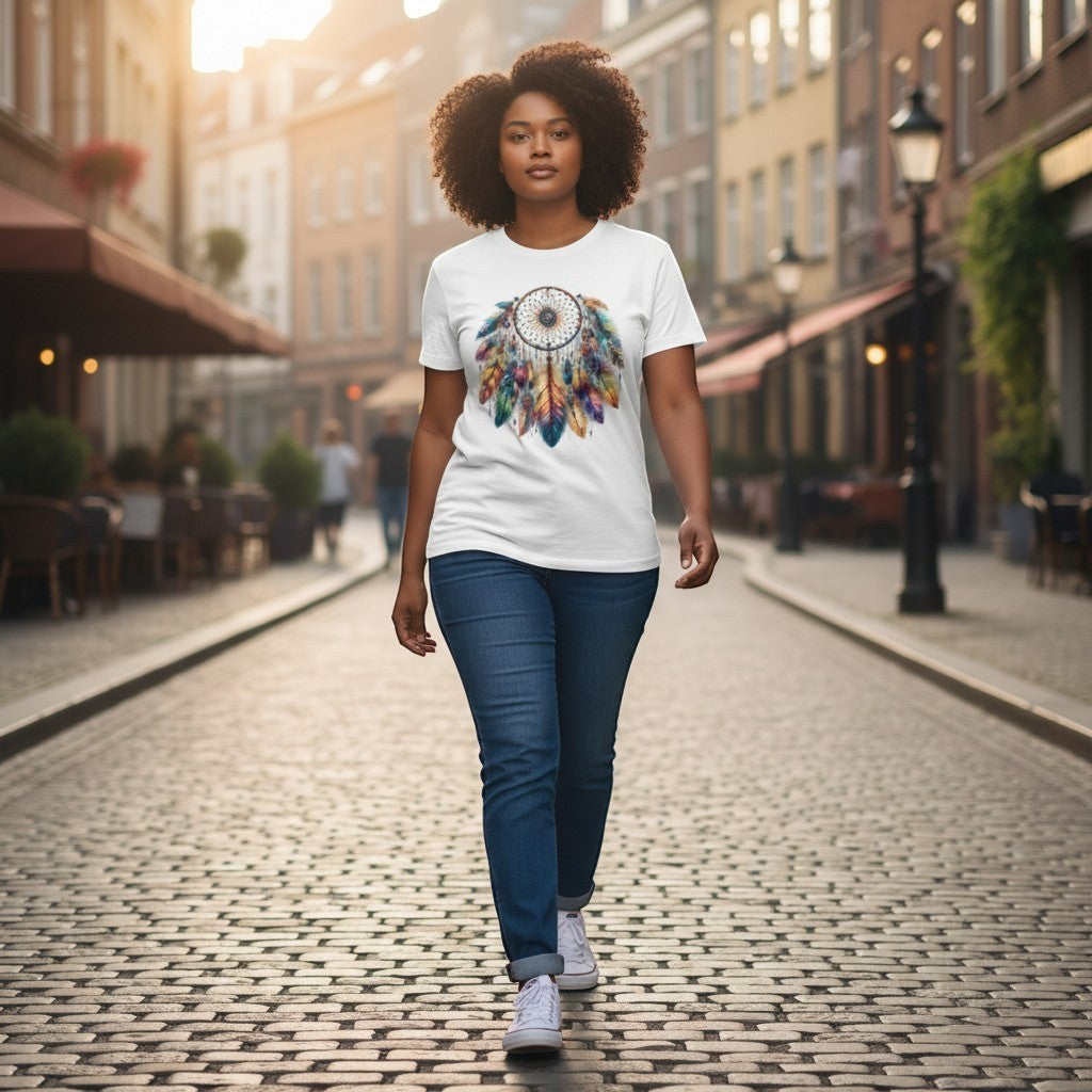 Woman walking on a cobblestone street wearing a white t-shirt with a colorful dreamcatcher design.