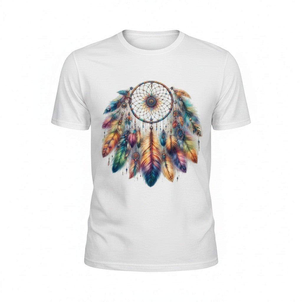 White t-shirt with a colorful dreamcatcher design on a white background