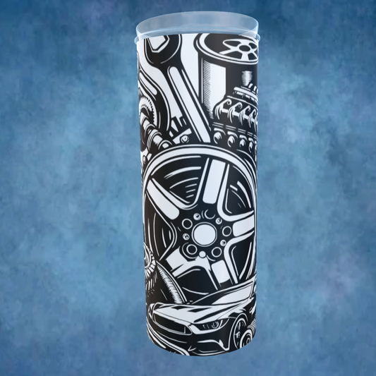 Hand printed UK Stainless Steel Tumbler With Driven Text with blue background